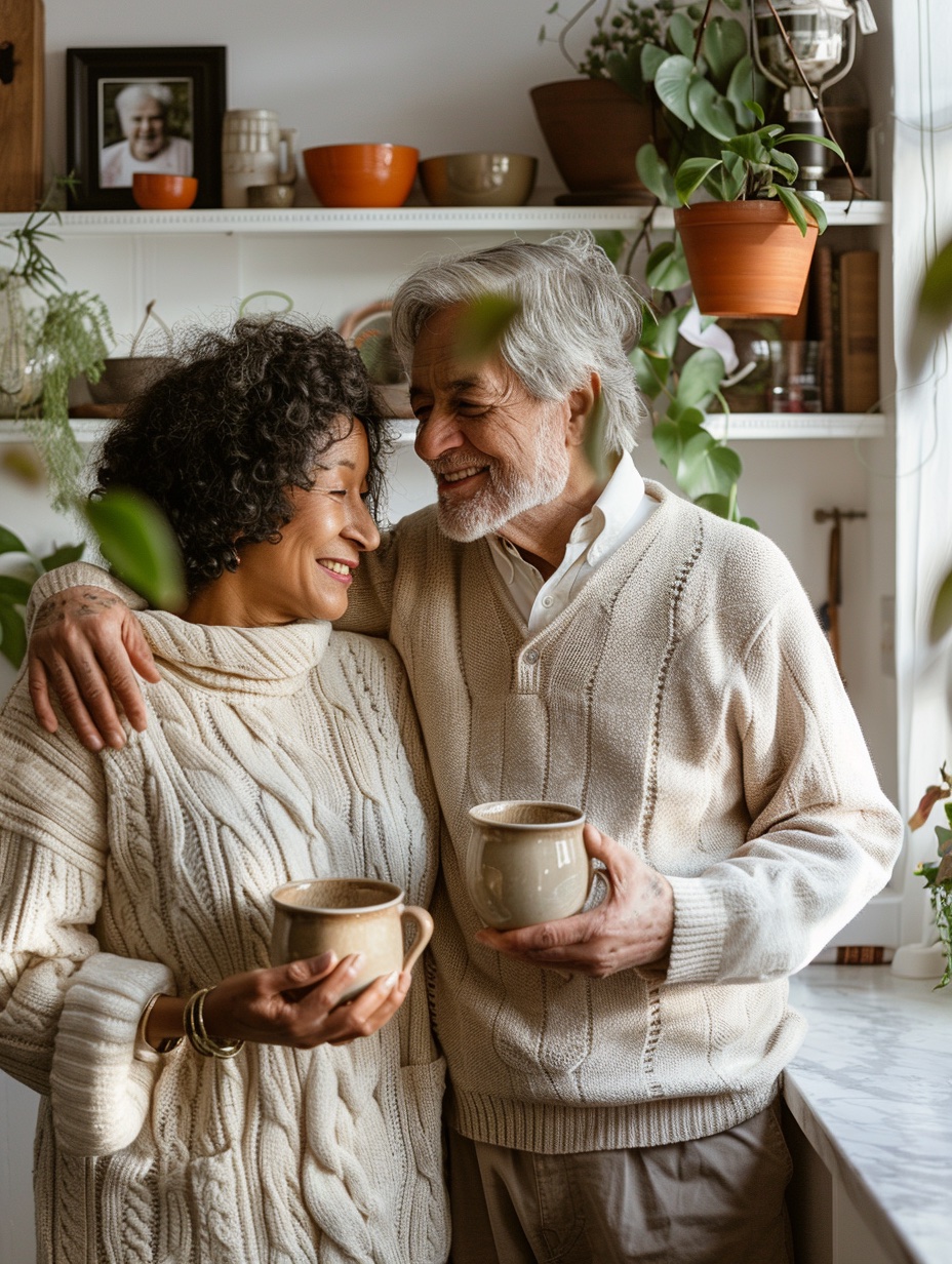 An older couple sharing a quiet moment over coffee at home